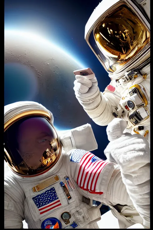 Image similar to extremely detailed studio portrait of space astronaut taking a selfie, holds a smart phone in one hand, phone!! held up to visor, reflection of phone in visor, moon, extreme close shot, soft light, golden glow, award winning photo by jimmy nelson