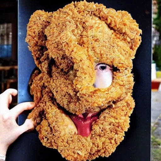 Image similar to a face made of fried chicken, fried chicken in the shape of a face, fried chicken looking like amanda seyfried