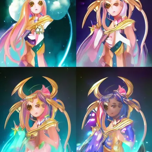 Prompt: a high fantasy portrait of a celestial magical girl, sailor moon, star guardians very beautiful, very attractive, trending on artstation, cool color scheme, unreal engine, semi - realism, deviant art, painted by rossdraws and artgem and loish