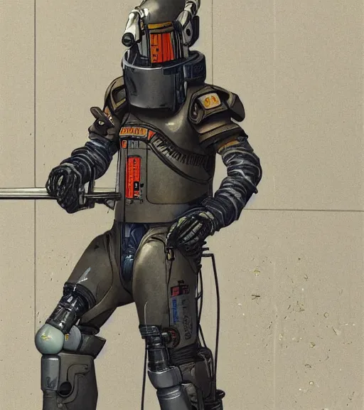 Image similar to realistic cyberpunk japanese engineer with long limbs and a black spacesuit welding a wall, techwear, dead space, visible face, Industrial Scifi, detailed illustration, character portrait, by Martin Grip and Moebius