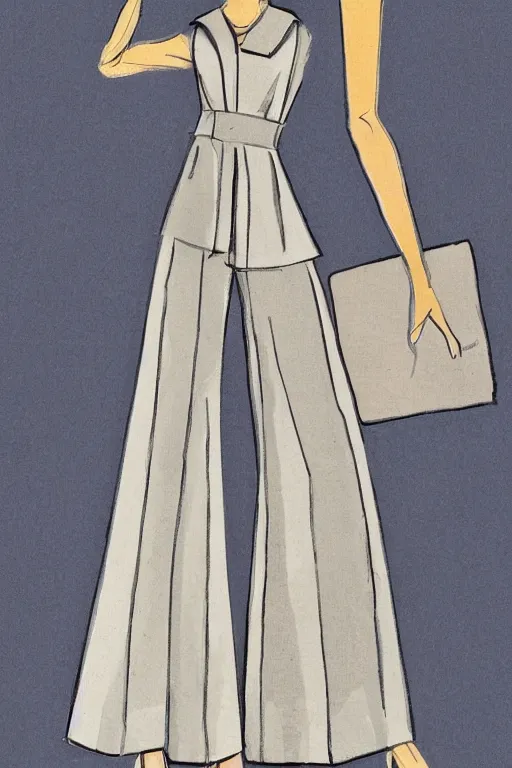 Prompt: a detailed fashion illustration of a midcentury hostess gown pants set