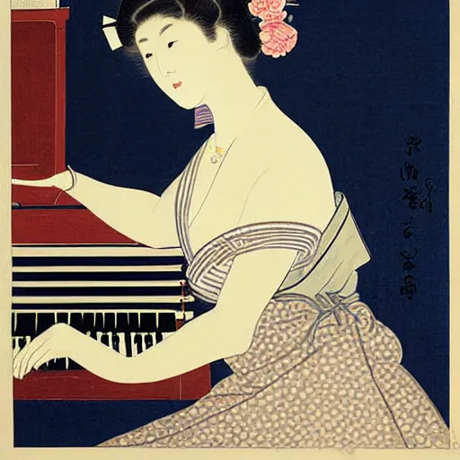 Prompt: girl with curly blonde hair sitting at a piano, painting by utamaro