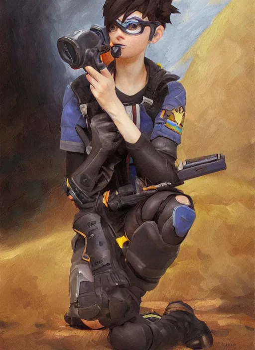 Prompt: oil painting of crying depressed screaming tracer overwatch in the style of sophie anderson, on knees,