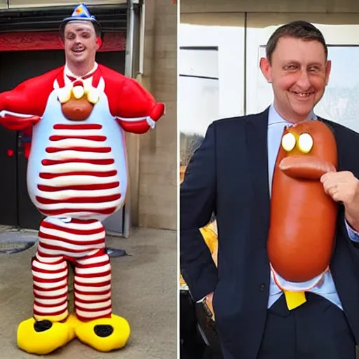 Prompt: Tim Robinson wearing a hot dog suit.