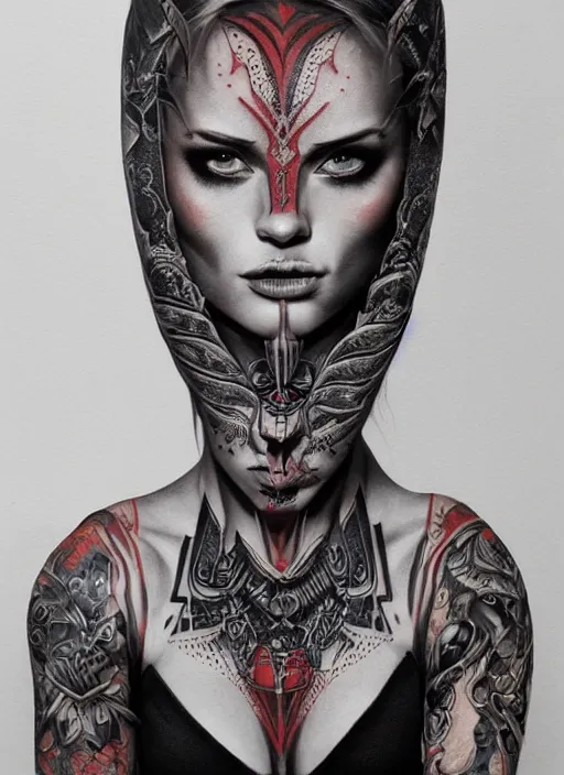 Image similar to tattoo design of a hyper - realistic beautiful girl warrior, hyper detailed, in the design of eliot kohek, white background