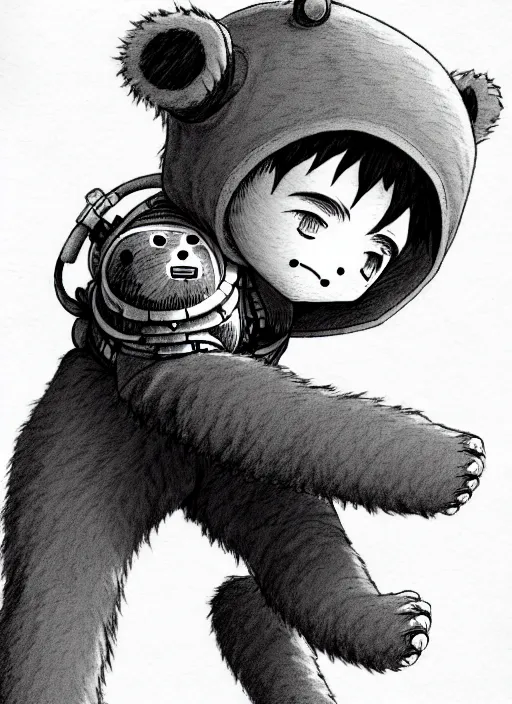 Image similar to beautiful little boy wearing an cyborg bear suit, artwork in kentaro miura and made in abyss and rosdraws, smooth, beautiful lightness, anatomically correct, trending on pixiv, forest