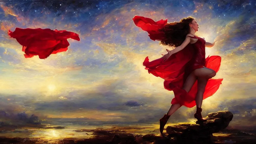 Prompt: a powerful scarlet witch floats on a horizon divided by her, the background is torn between the sun and the moon, in the background you can see the milky way. by Daniel F. Gerhartz, hyperrealistic oil painting, 4k, studio lightning, baroque