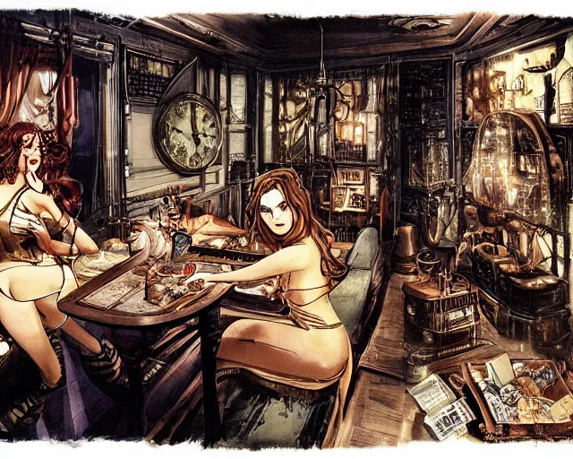 Image similar to women in the interior of a steampunk apartment, Milo Manara, night time, Margot Robbie, Scarlett Johanson, zoey Deschannel, smoking cigarettes, playing board games, highly detailed, Tarantino movie posters, melancholy, level design, concept art, artstation, cgsociety, zenith view H- 350