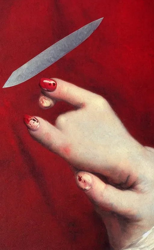 Prompt: by 1 9 th century famous painter, hands, nail polish, blood smear, blood dripping, knife, realism, realistic, oil painting, red wallpaper background