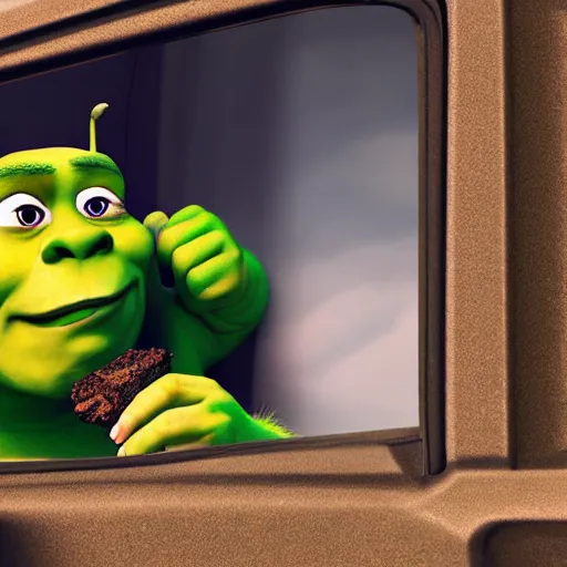 Prompt: Shrek smoking a blunt out the window while drifting around the corner in his Toyota AE86, 8k photography, ultra realistic, high definition