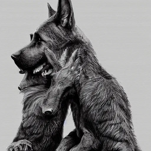 Image similar to two humanoid german shepherds beast - men, sitting on a couch and hugging together, artstation, concept art, smooth, sharp foccus ilustration, artstation