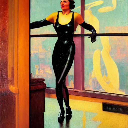 Image similar to retrofuturistic 1 9 3 0 s detailed oil painting of a woman in a window, cyberdeco catsuit, electronic billboards, tech noir, wet reflections, atmospheric, ambient, alexis flower, hopper, mucha, wlop, gil elvgren, grant wood,, livia prima, george tooker, greg rutkowski, whistler, norman rockwell, peter max