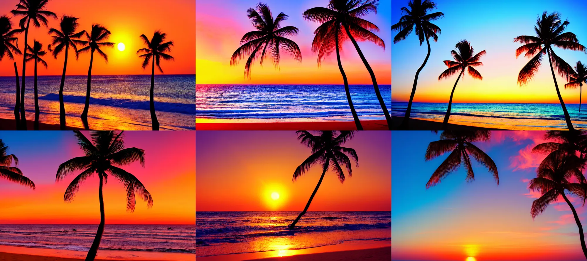 Image similar to Beach with ocean and palm trees at sunset, golden hour, crimson gradient