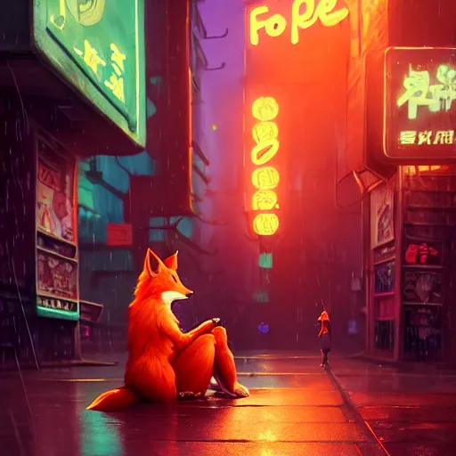 Image similar to splash art of cute female anthropomorphic vulpes vulpes fox sitting by a noodle stand in the crowded street of a cyberpunk city, rain, cyberpunk clothes, bright neon lights, atmospheric : by weta, greg rutkowski, wlop, ilya kuvshinov, rossdraws, artgerm, octane render, liosh, mucha