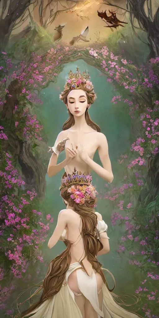 Image similar to A beautiful fantasy empress, full body, just one head, flower tiara, long hair, wearing dramatic aristocrat robe, delicate figure, field of fantasy flowers, foxes and deer, epic composition, ultra wide-shot, dynamic pose, concept art, dramatic lighting, digital painting, smooth, character design, sharp focus, elegant, intricate, trending on artstation, by WLOP and James Jean and Victo Ngai