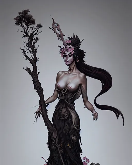 Prompt: fantasy portrait of a woman made of obsidian and smoke, carved Japanese Sakura wood organic overgrowth, holding nevermore staff, peter mohrbacher, artgerm, James Jean