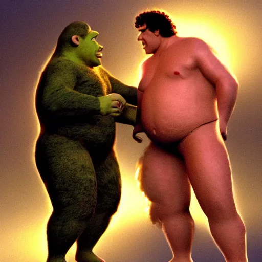 Image similar to shrek vs andre the giant at wrestlemania 8, dramatic lighting, 8k