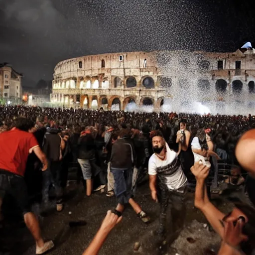 Prompt: citizens of Rome riot in front of the colosseum at night under heavy rain, throwing spaghetti and meatballs, chianti molotov cocktails, associated press