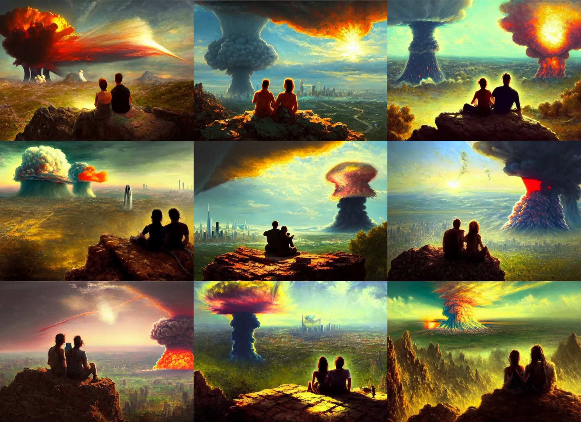 Prompt: a couple sitting on top of a rock covered serene hillside watching a bright nuclear explosion nuclear explosion in a city with skyscrapers, a detailed photorealistic painting by jullian onderdonk, apocalyptic art, sharp focus, cgsociety, fantasy art, cinematic, artstation hq, vfxfriday, dystopian art