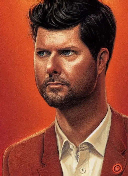 Image similar to portrait Adam Scott in Severance (2022), highly detailed, centered, solid color background, digital painting, artstation, concept art, smooth, sharp focus, illustration, Basil Gogos, Joseph Christian Leyendecker, Les Edwards, Ed Repka, WLOP, Artgerm