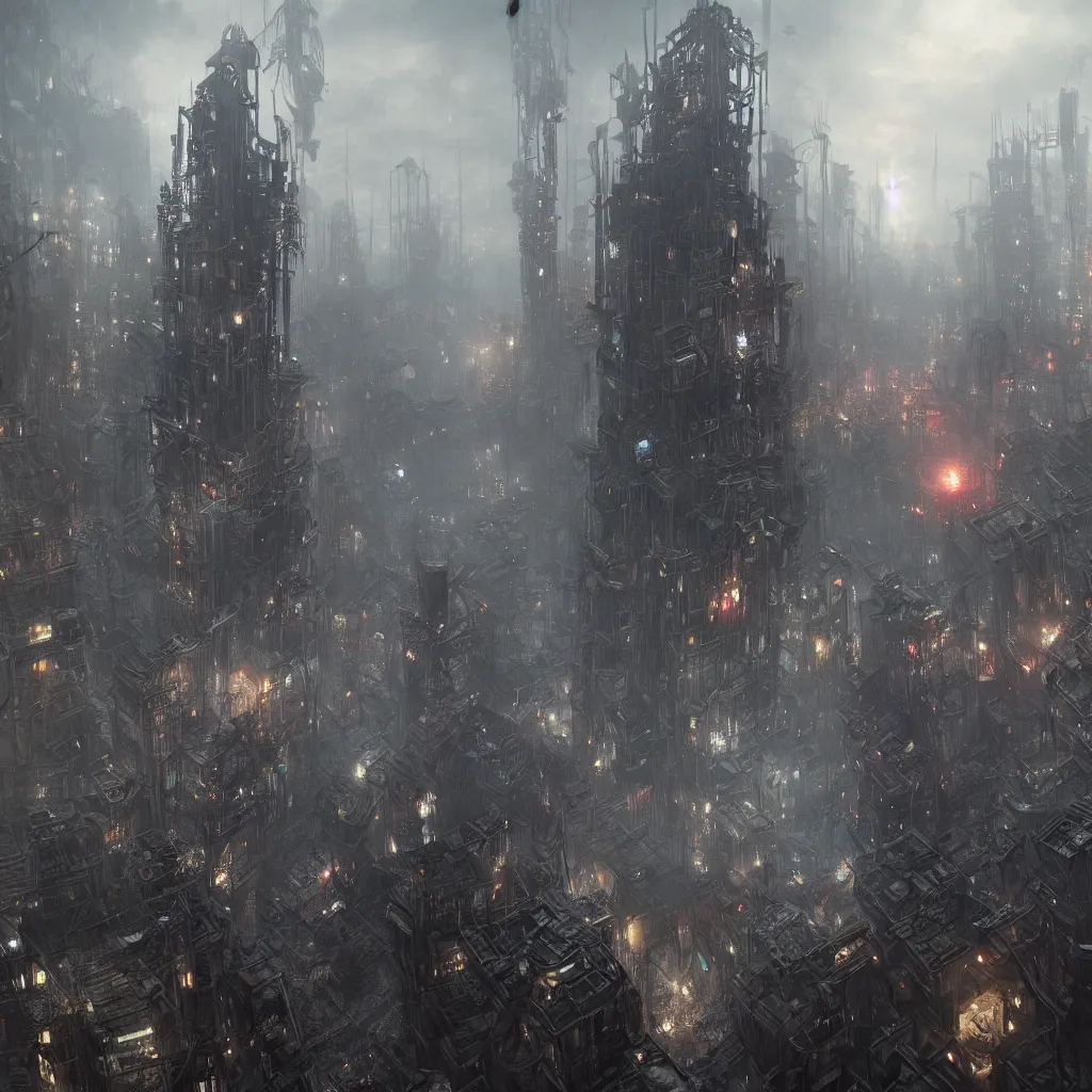 Prompt: a matte painting of a massive skyscraper in this cyber - frostpunk city, many city dwellers, in the rain, highly detailed, in the style of john chamberlain and h. r. giger, dark moody lighting, hyper photorealism, trending on artstation, 8 k