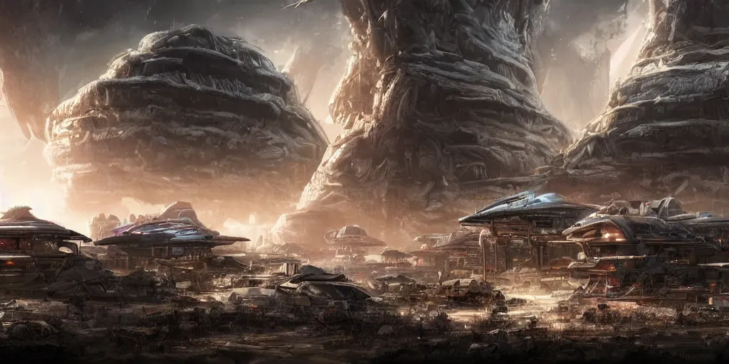 Prompt: small human colony settlement on an alien planet, sci fi, wide shot, style of Aleksi Briclot and Andreas Roch