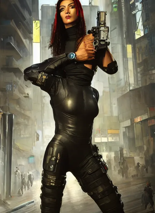 Image similar to Maria. beautiful cyberpunk policewoman wearing a military vest and military stealthsuit (cyberpunk 2077). gorgeous face. african woman. Iranian orientalist portrait by john william waterhouse and Edwin Longsden Long and Theodore Ralli and Nasreddine Dinet, oil on canvas. Cinematic, hyper realism, realistic proportions, dramatic lighting, high detail 4k