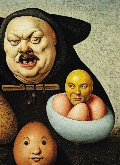 Image similar to an egg, round humpty dumpty with a jack black facial expression, realistic, by hieronymus bosch and pieter brueghel