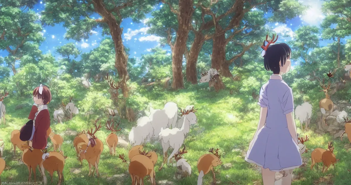 Image similar to anime girl peeking behind a bush while looking at a pack of reindeers, beautiful ambiance, studio ghibli style, by hayao miyazaki, sharp focus, very detailed, 4k