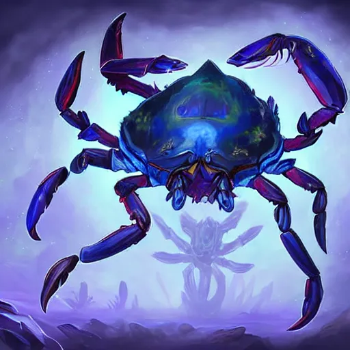 Image similar to blue giant crab monster, crab claws, fantasy digital art, magical background in the style of hearthstone artwork