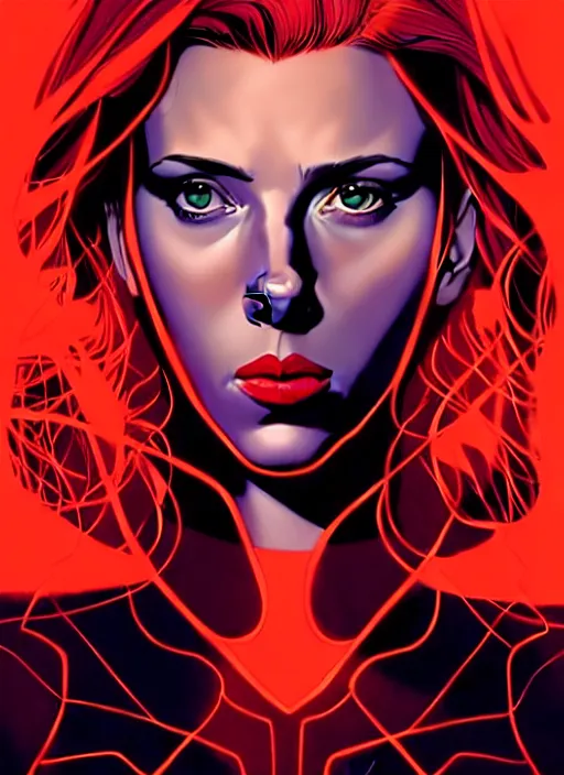 Image similar to rafeal albuquerque comic art, joshua middleton comic art, cinematics lighting, night time, pretty scarlett johansson black widow, big smirk, symmetrical face, symmetrical eyes, long red hair, full symmetrical body, flying in the air, jumping off rooftop