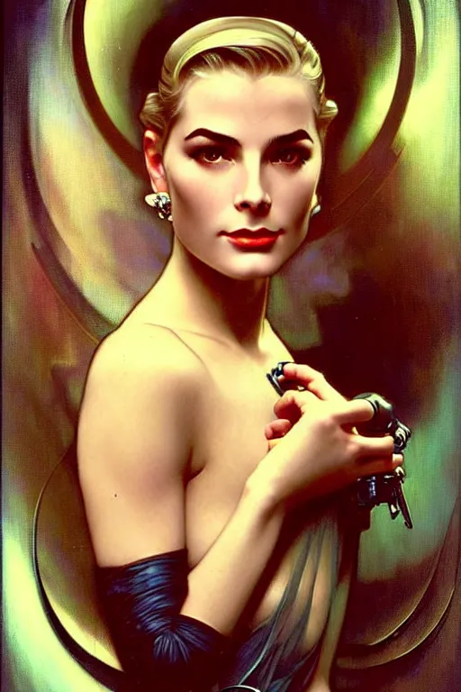 Image similar to young and beautiful evil cyborg grace kelly by future steichen in the style of tom bagshaw, alphonse mucha, gaston bussiere, cyberpunk. anatomically correct elegant cybernetic body mods. extremely lush detail. masterpiece. melancholic scene infected by night. perfect composition and lighting. sharp focus. high contrast lush surrealistic photorealism. sultry evil plan.