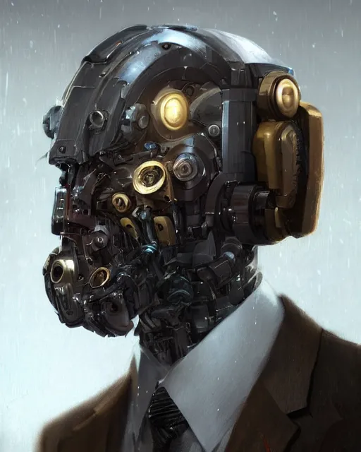 Image similar to a rugged young engineer man with cybernetic enhancements wearing a suit and bowtie, detailed face with mask, scifi character portrait by greg rutkowski, esuthio, craig mullins, 1 / 4 headshot, cinematic lighting, dystopian scifi gear, gloomy, profile picture, mechanical, half robot, implants, steampunk