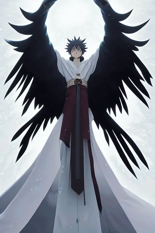 Prompt: raven headed warlock doing magic spells wind, white robes, finely detailed perfect anime face, exquisite details, mid view, design on a white background, by studio muti, greg rutkowski makoto shinkai takashi takeuchi studio ghibli