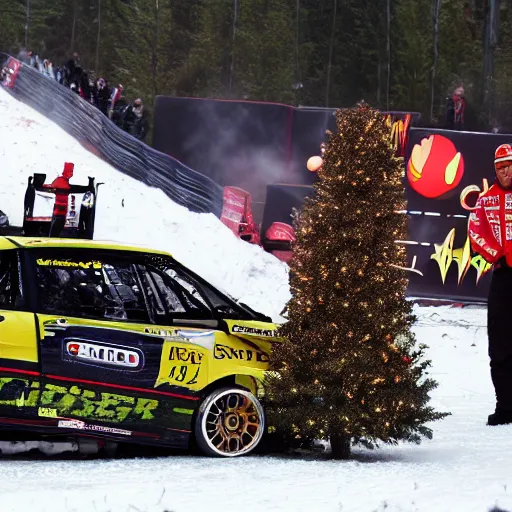 Image similar to Petter Solberg after he crashed into the christmas tree