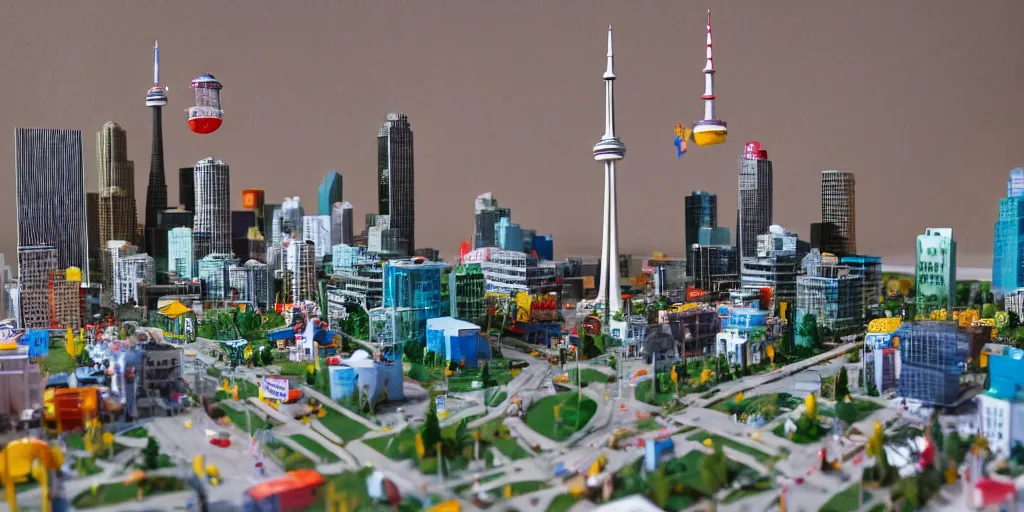 Prompt: a model of toronto, cn tower, skydome, constructed out of fast food cups and packaging, miniature photography, diorama, wide - angle macro lens, art, award - winning, beautiful high resolution