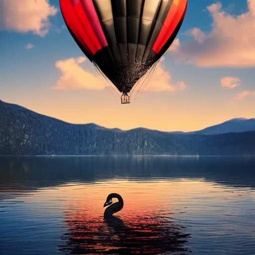 Image similar to photo of two black swans swimming in a beautiful reflective mountain lake, touching heads, forming a heart with their necks, a colorful hot air balloon is flying above the swans, hot air balloon, intricate, portrait, 8k highly professionally detailed, HDR, CGsociety, octane render, 4k