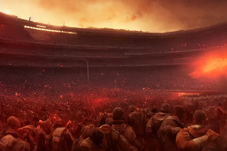 Image similar to meteors fall from the red sky down to a war - torn football stadium, crowds panic, cinematic lighting by jessica rossier, realistic, highly - detailed, 8 k, photorealistic, hyper detailed, unreal engine 5, imax quality, cinematic, epic lighting, football live, live sports