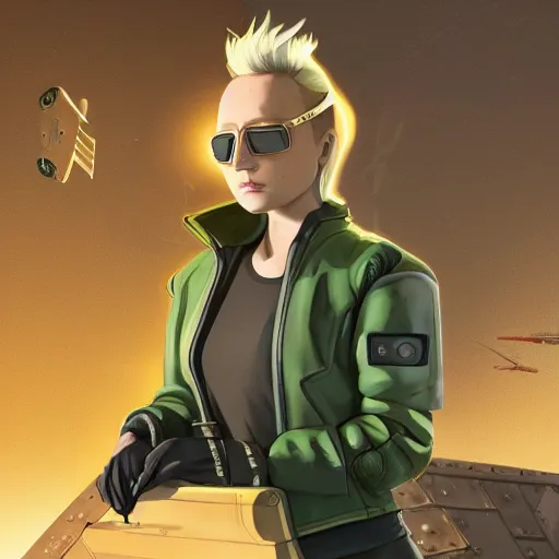 Prompt: backlit stoic blonde butch tomboy woman engineer in leather flight jacket, wearing round brass goggles, walking toward viewer, in front of small spacecraft, on neolithic rooftop, early morning, artgerm and charlie bowater and atey ghailan and mike mignola, dark green and black, - ar 6 : 1 9