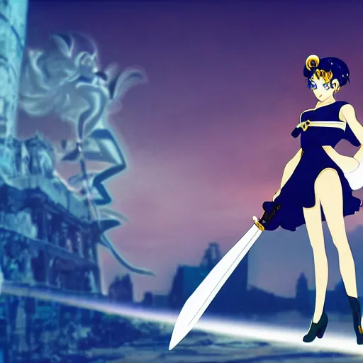 Image similar to sailor moon holding a sword, background lighting, shadow figure