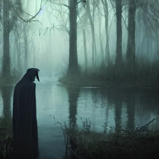 Image similar to the grim reaper in a swamp, 8 k, shallow depth of field, deviant art, greg rutkowski, moody lighting, ultra high detail, concept art,