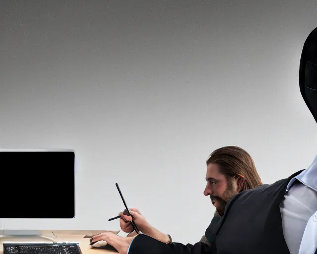 Image similar to man wearing guy fawkes mask looking at computer monitor, corporate photo, cinematic lighting