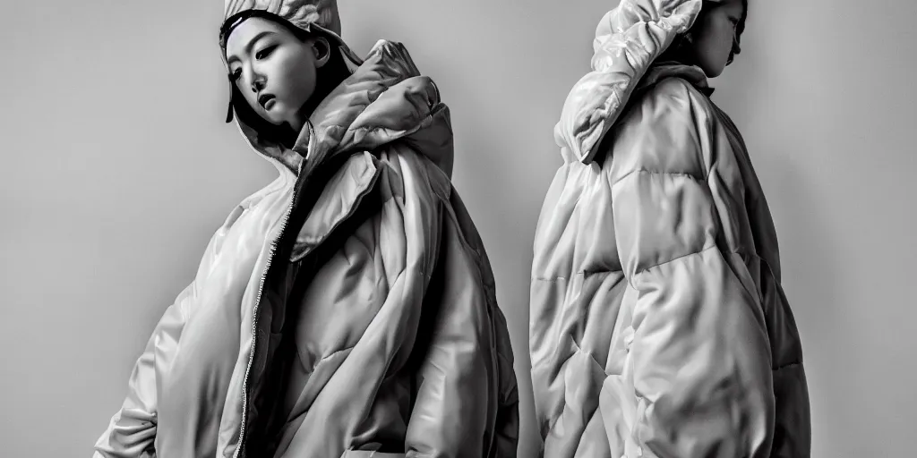 Image similar to well lit fashion shoot portrait of extremely beautiful female marble statue wearing huge over size puffer jacket by dingyun zhang, yeezy, balenciaga, vetements, a cold wall, sharp focus, clear, detailed,, cinematic, detailed, off white, glamourous, symmetrical, vogue, editorial, fashion, magazine shoot, glossy