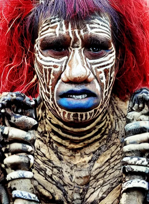 Image similar to portrait photo of the half crocodile tribe necromancer from Colombia and Madagascar, full color magazine article by National Geographic (1998)