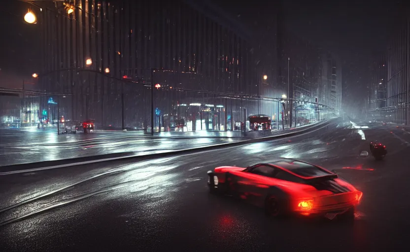 Prompt: photorealistic action photography of street car race on the roads dark, wet, night light fixtures. 8K. detailed. photorealism. artstation. 25mm f/1.7 ASPH Lens. ultra realistic