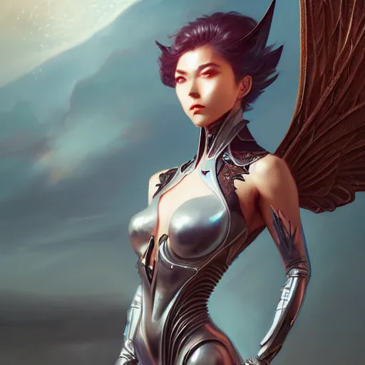 Prompt: 3 / 4 view of a badass woman with wings, confident pose, futuristic attire, pixie, genshin impact,, intricate, elegant, sharp focus, illustration, highly detailed, concept art, matte, art by wlop and artgerm and greg rutkowski,, h 6 4 0