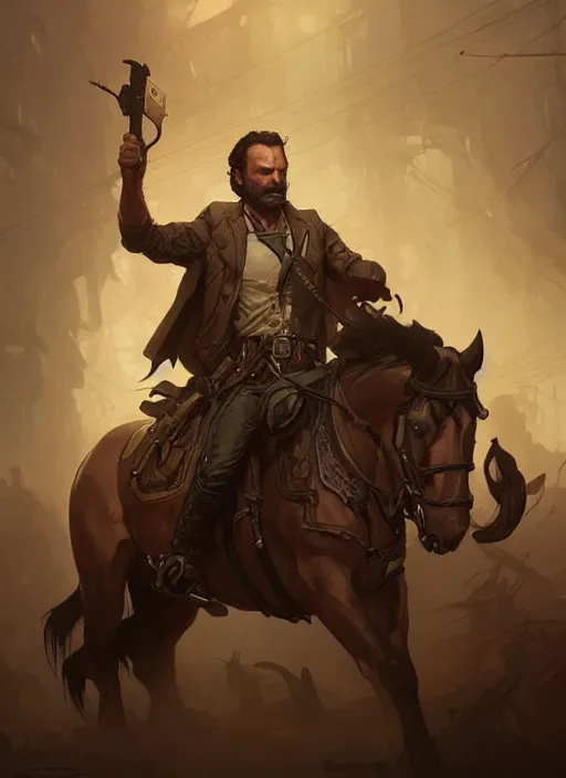 Image similar to rick grimes, d & d, fantasy, intricate, elegant, highly detailed, digital painting, artstation, concept art, matte, sharp focus, illustration, hearthstone, art by artgerm and greg rutkowski and alphonse mucha