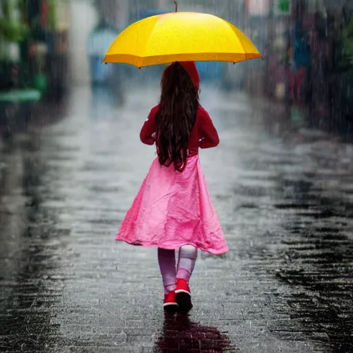 Prompt: a girl holding an oil - paper umbrella in a rainy lane