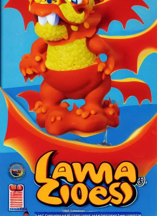 Image similar to lava - os cereal box front, cereal that tastes like lava, dragon mascot, high quality upload, 2 0 0 8