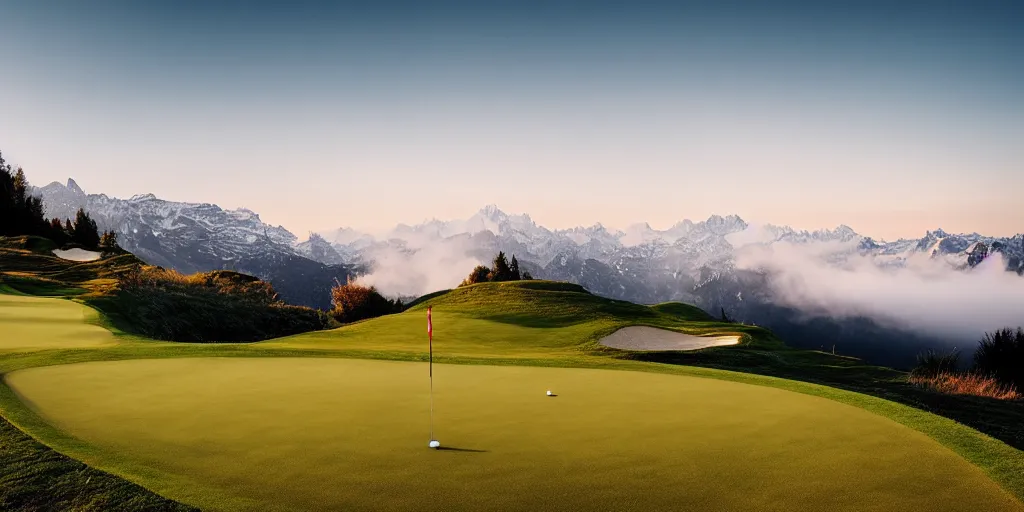 Image similar to a great photograph of the most amazing golf hole in the world, perfect light, over a cliff, in the swiss alps, high above treeline, ambient light, 5 0 mm, golf digest, top 1 0 0, fog